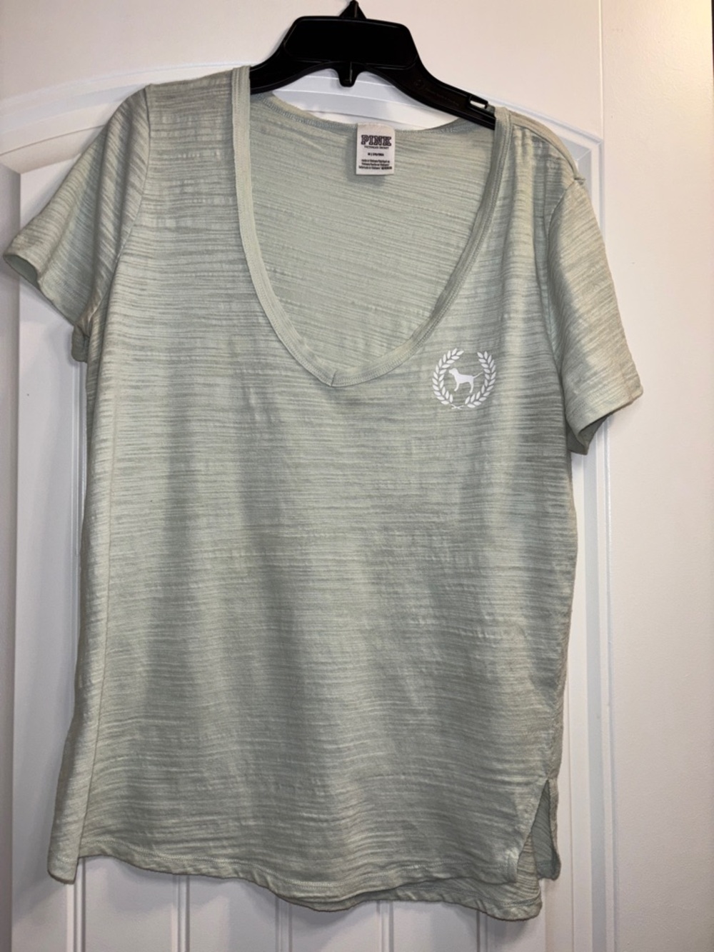 PINK Victoria's Secret Light Sage V-Neck Tee with White Laurel Logo